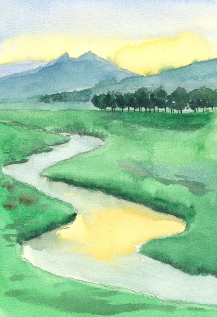 A vertical watercolor painting of a winding river flowing through a vibrant green meadow toward distant blue mountains, with the golden glow of a sunset or sunrise reflecting on the water's surface.