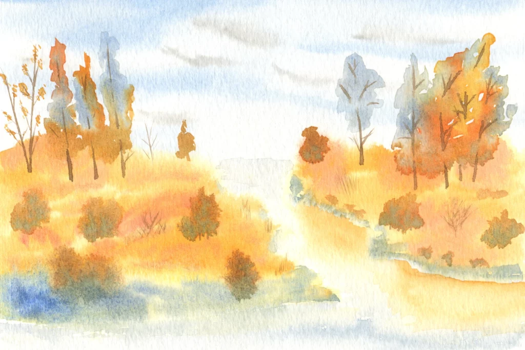 An impressionistic watercolor of an autumn river scene featuring warm orange and yellow foliage, tall slender trees, and a misty white river path leading through a soft, golden landscape.