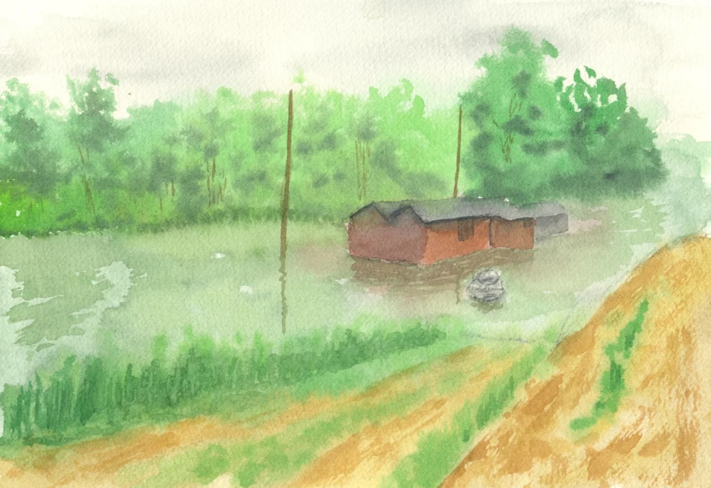 A soft watercolor landscape painting depicting a flooded area with a small reddish-brown building partially submerged in green-tinted water, surrounded by lush green trees under a hazy, overcast sky.