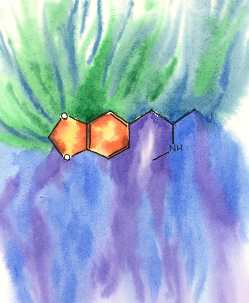 A stylized watercolor illustration of the MDMA chemical structure, featuring a central orange and yellow molecule outline set against a background of vertical blue and green watercolor washes.