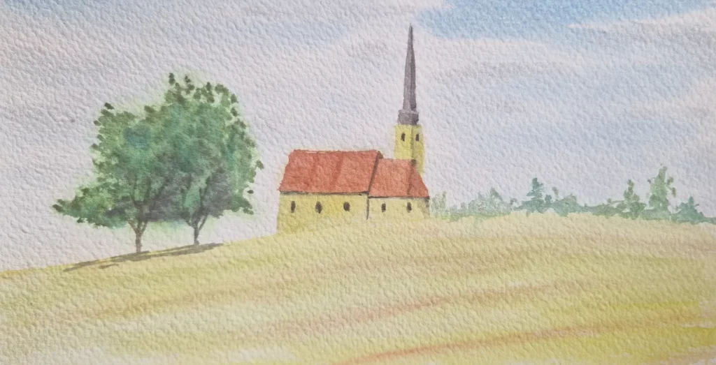 Watercolor painting of a sunlit landscape with a church spire and tall trees surrounded by golden fields and green foliage.