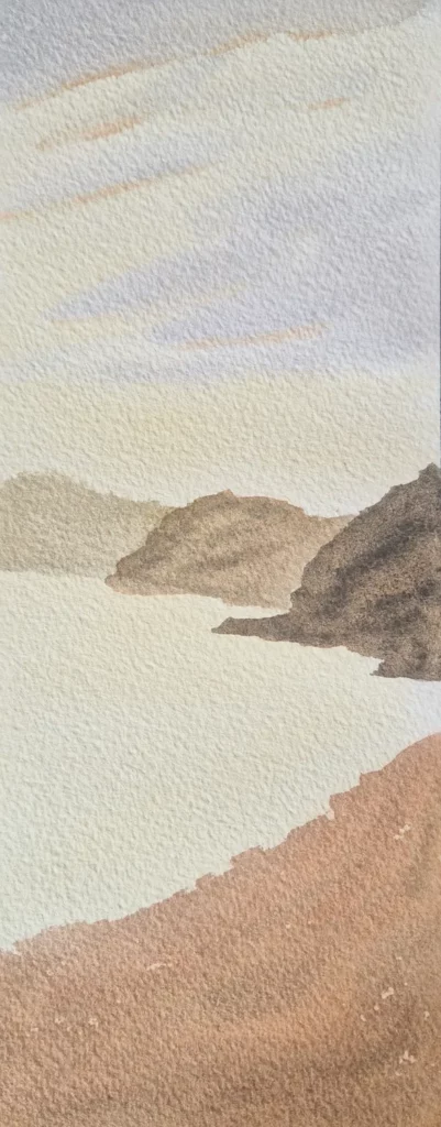 Minimalist vertical watercolor landscape of a calm bay, rocky hills in ochre, and a soft, hazy sky.