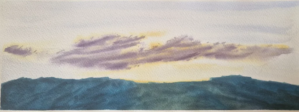 Abstract watercolor painting of a dramatic sky with fast-moving yellow and purple clouds beneath a deep, moody blue upper atmosphere.