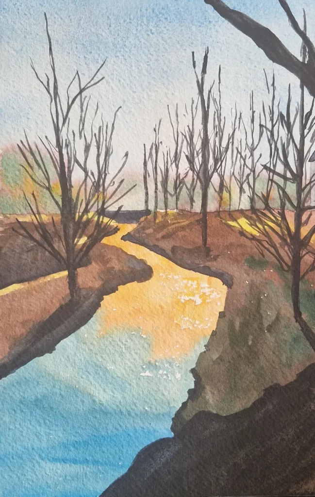 Watercolor landscape of bare trees along a shoreline, with dark silhouettes contrasting against a cold, reflective sunrise over water.