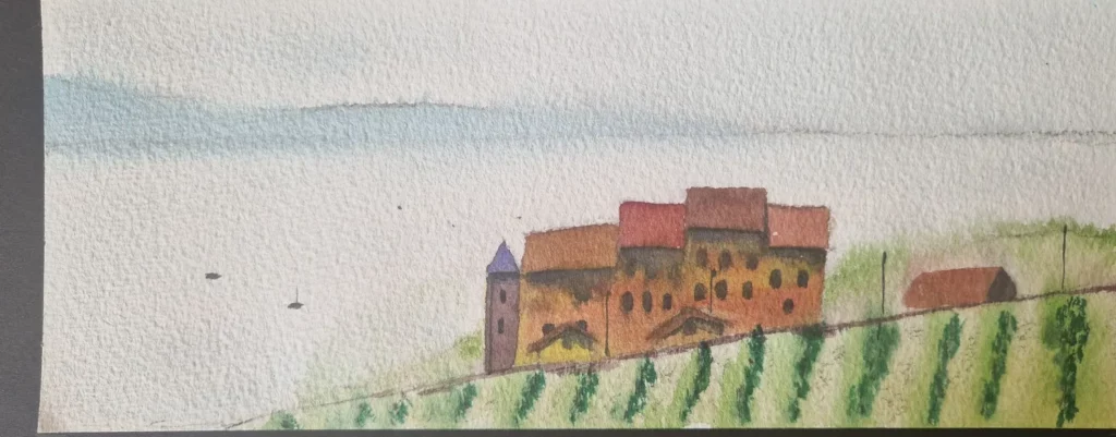 Watercolor painting of Mediterranean buildings on a hill beside tall cypress trees, with birds flying in a bright sky.